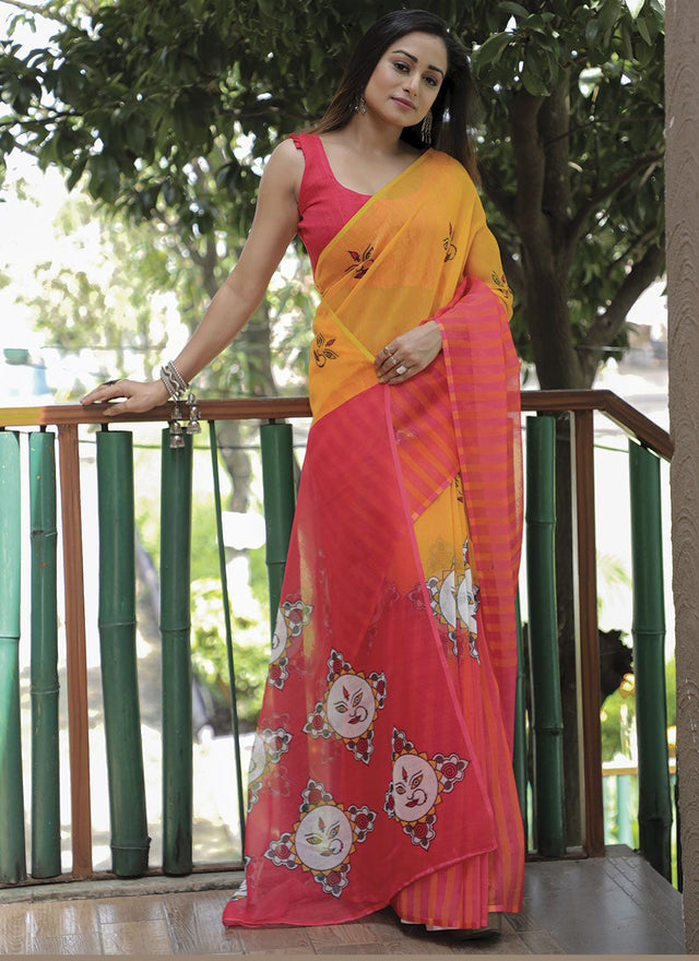 Yellow Linen Digital Printed Saree