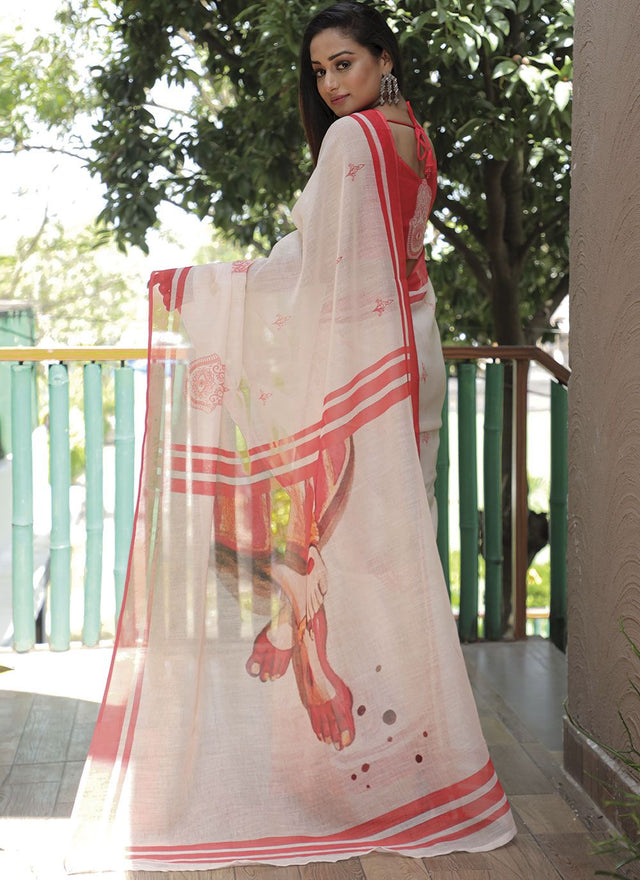White Linen Digital Printed Saree