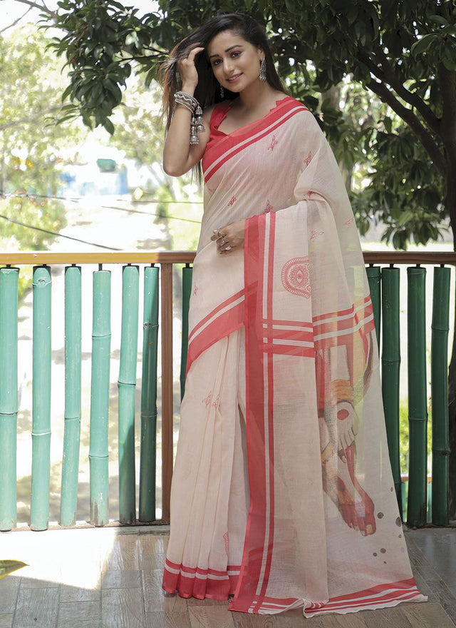 White Linen Digital Printed Saree