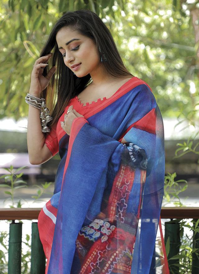Blue Linen Digital Printed Saree