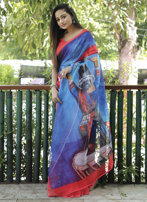 Blue Linen Digital Printed Saree