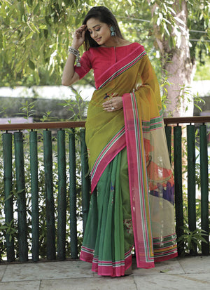 Green Linen Digital Printed Saree