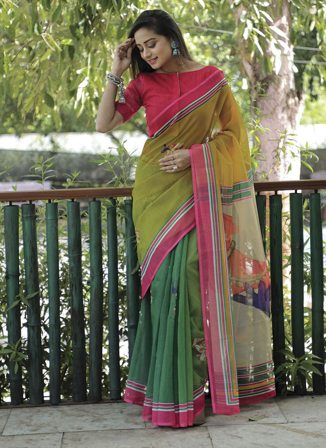 Green Linen Digital Printed Saree