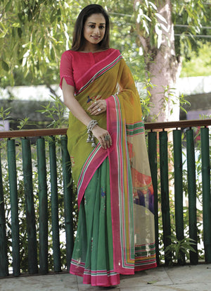 Green Linen Digital Printed Saree