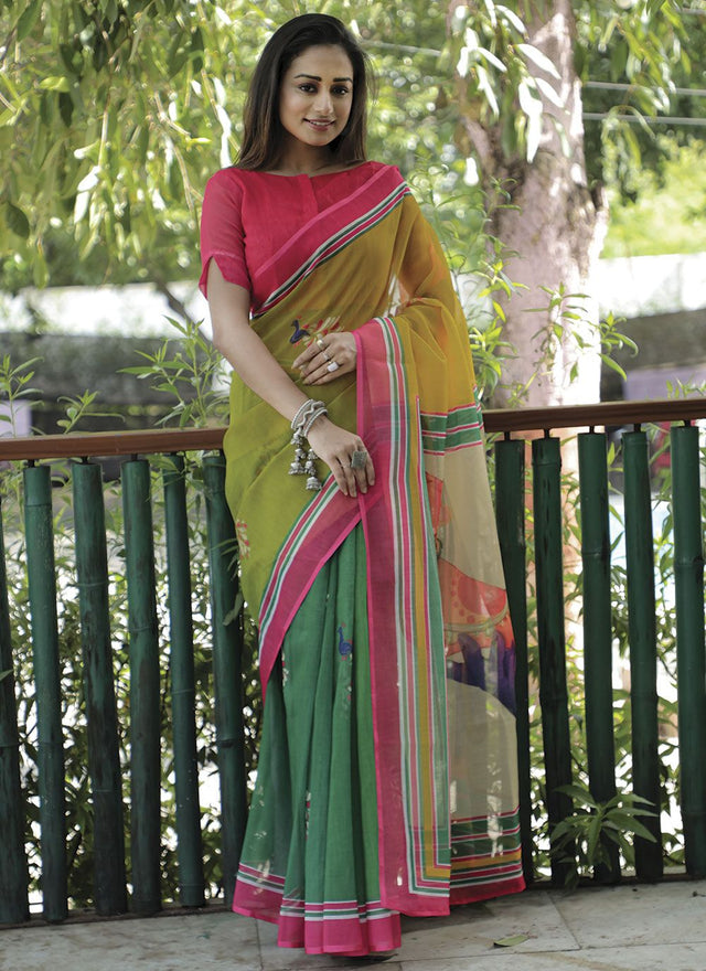 Green Linen Digital Printed Saree