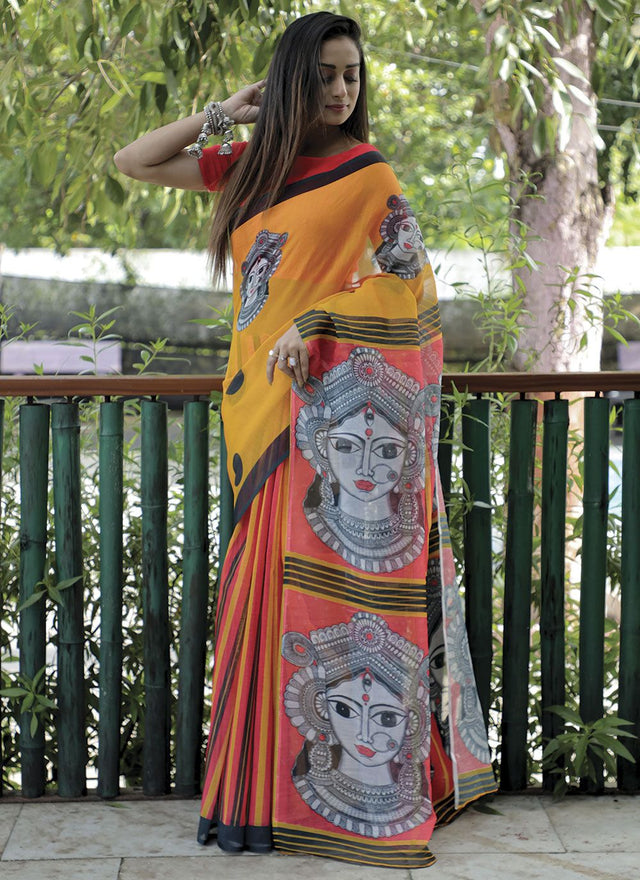 Yellow Linen Digital Printed Saree
