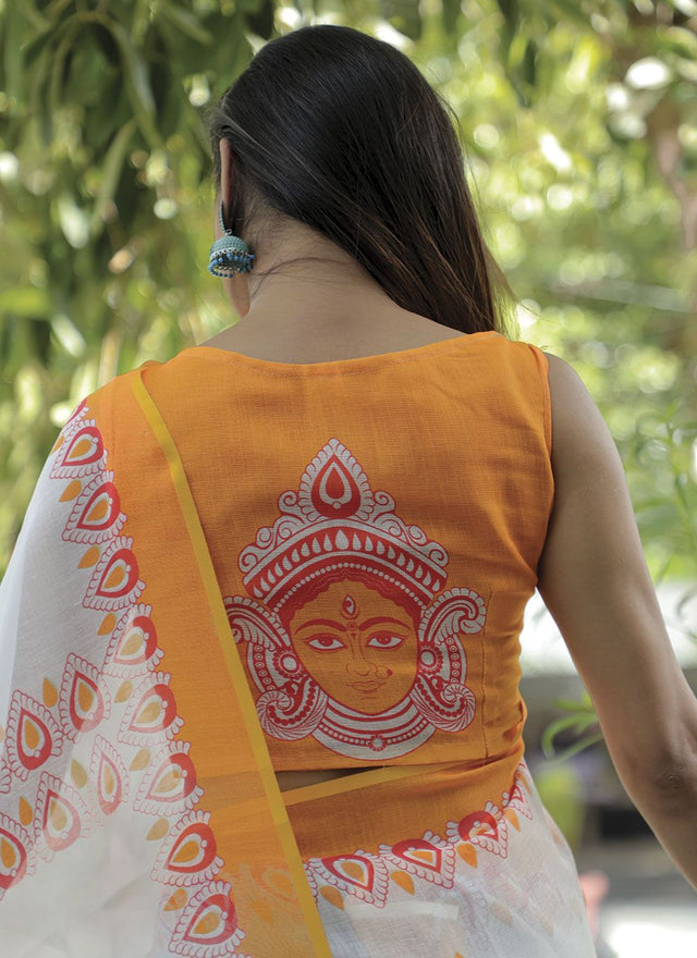 White Linen Digital Printed Saree