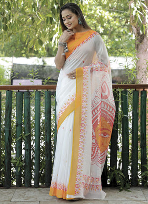 White Linen Digital Printed Saree