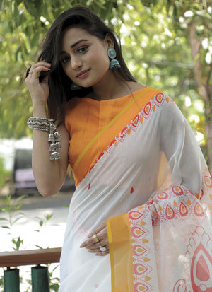 White Linen Digital Printed Saree