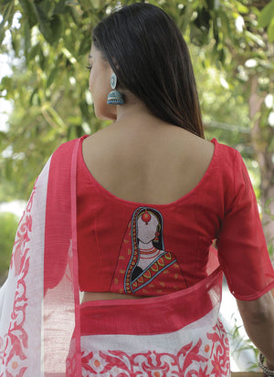 White Linen Digital Printed Saree