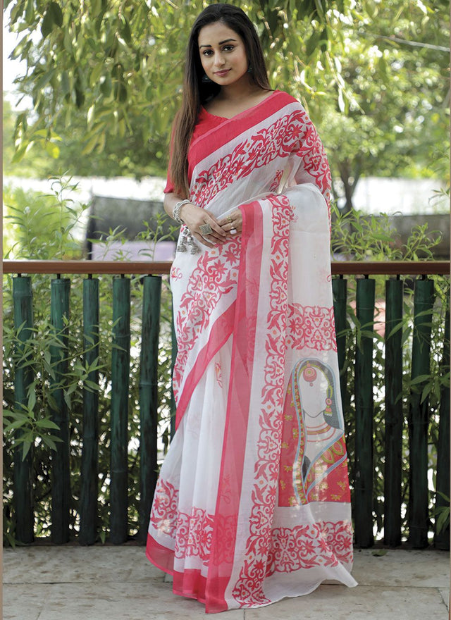 White Linen Digital Printed Saree