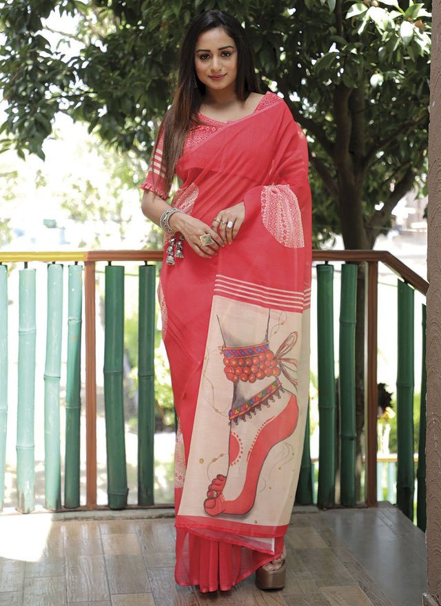 Pink Linen Digital Printed Saree