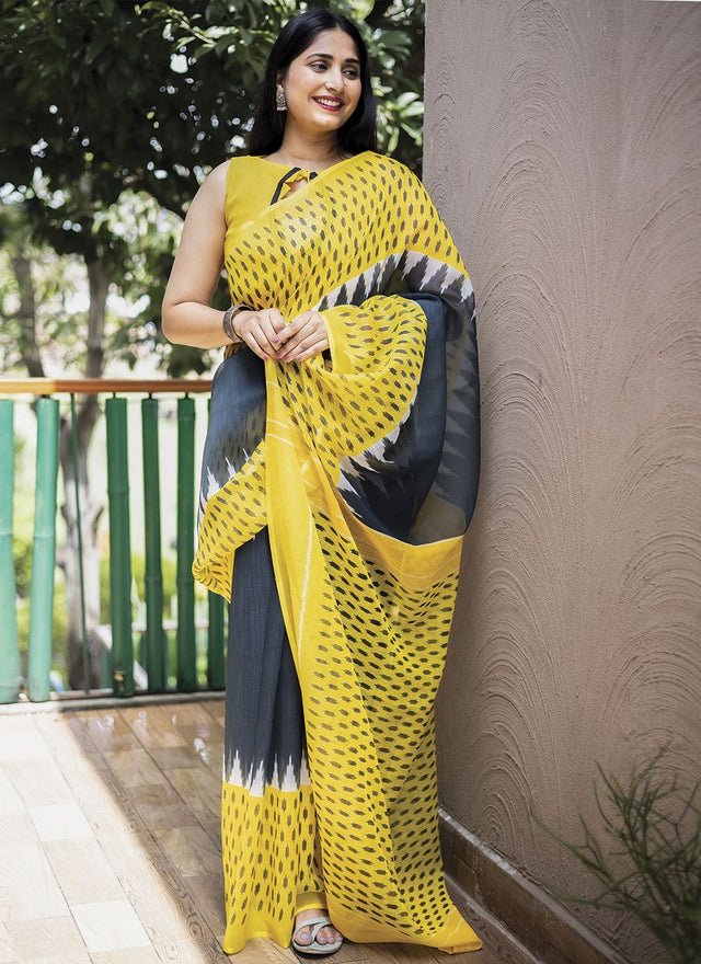 Yellow Linen Digital Printed Saree