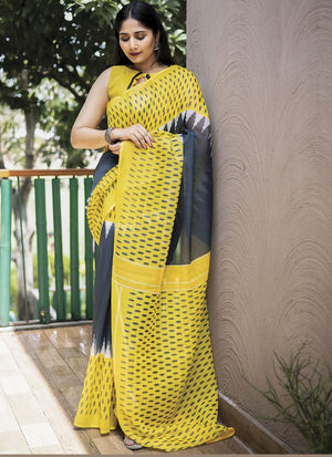 Yellow Linen Digital Printed Saree