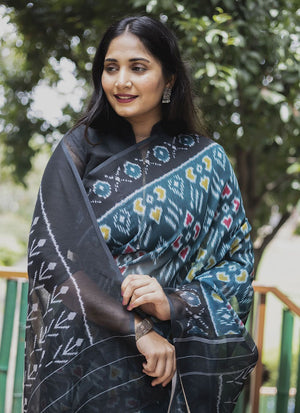Teal Blue Linen Digital Printed Saree