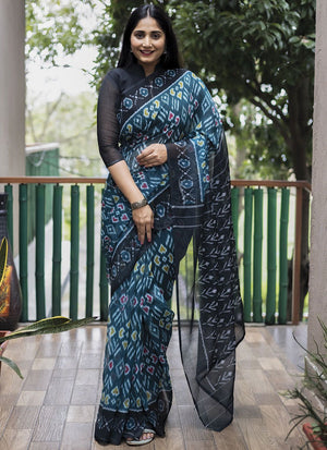 Teal Blue Linen Digital Printed Saree