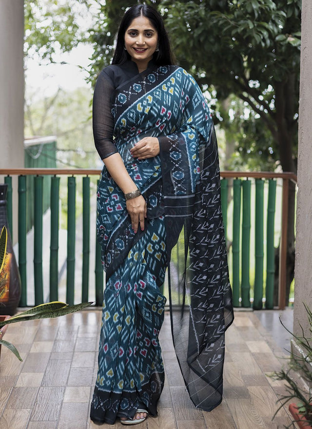 Teal Blue Linen Digital Printed Saree