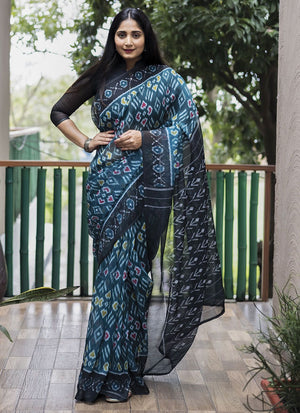 Teal Blue Linen Digital Printed Saree
