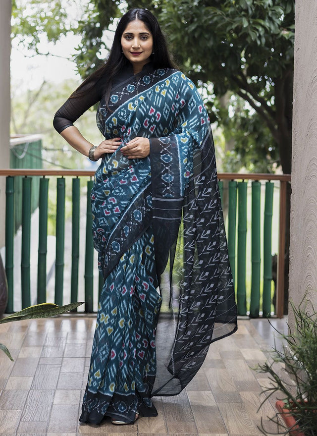Teal Blue Linen Digital Printed Saree