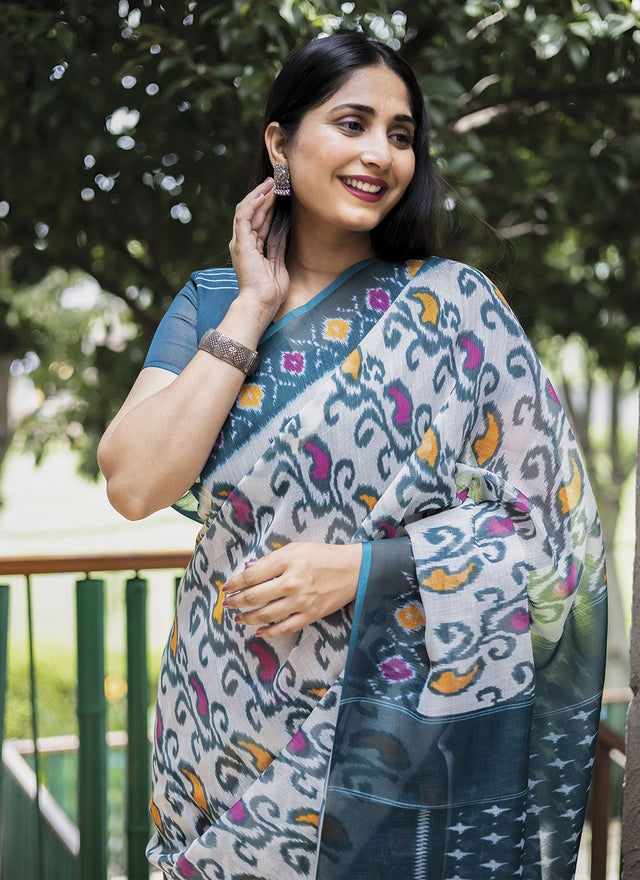 White Linen Digital Printed Saree