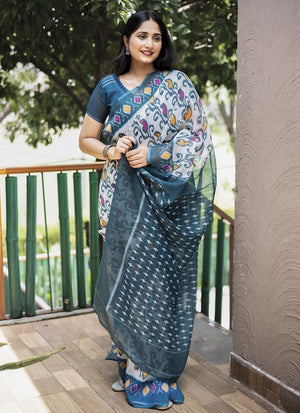 White Linen Digital Printed Saree