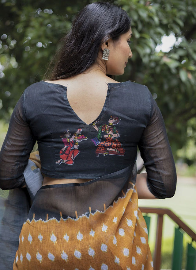 Mustard Linen Digital Printed Saree