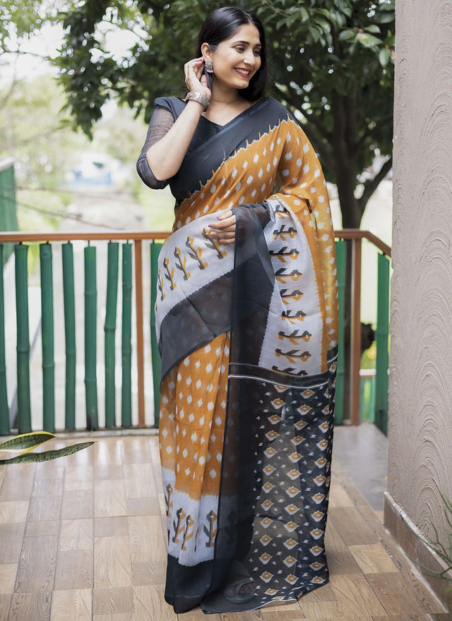 Mustard Linen Digital Printed Saree