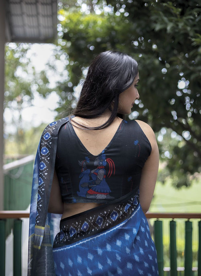 Blue Linen Digital Printed Saree