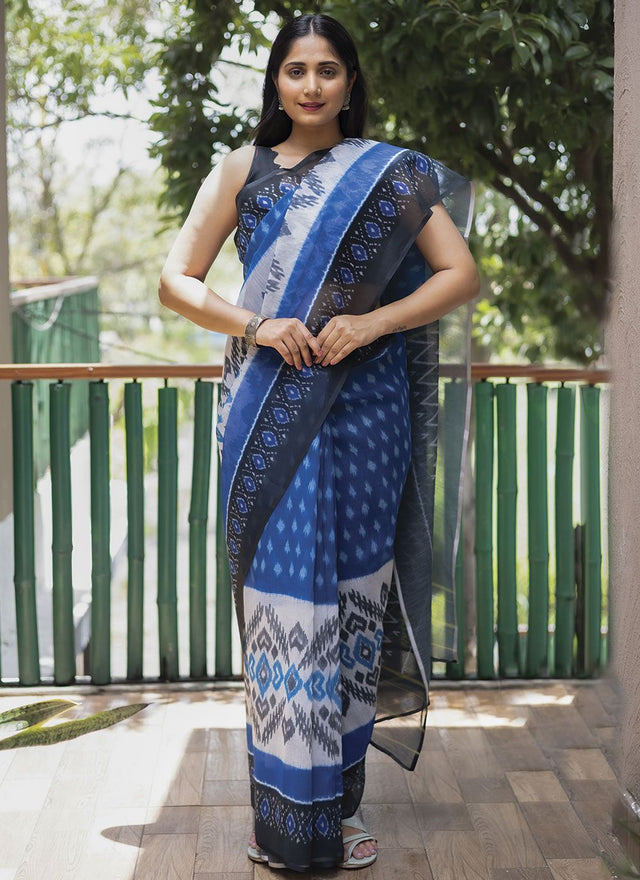 Blue Linen Digital Printed Saree