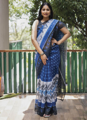Blue Linen Digital Printed Saree