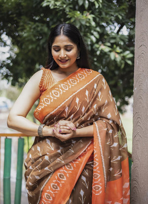 Brown Linen Digital Printed Saree