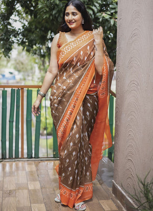 Brown Linen Digital Printed Saree