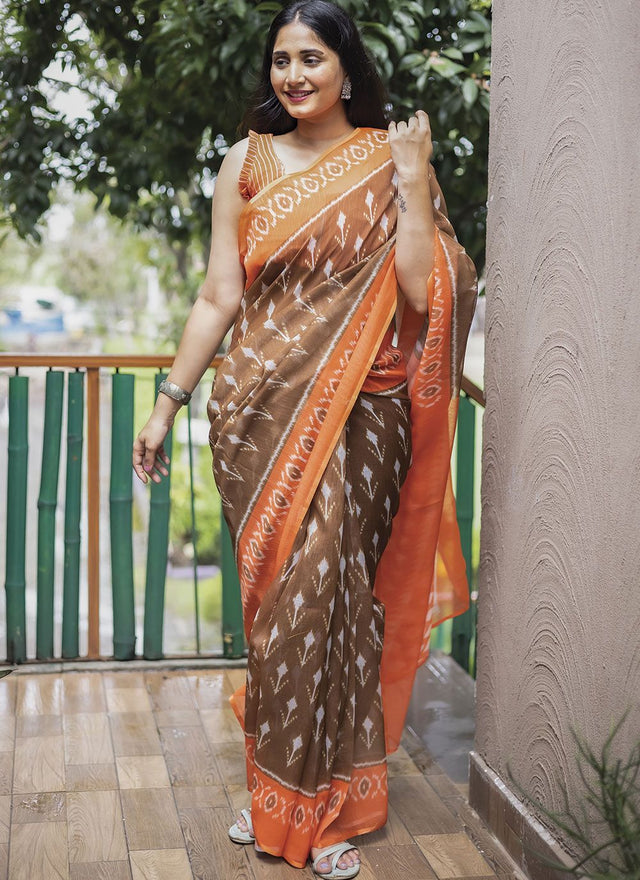 Brown Linen Digital Printed Saree