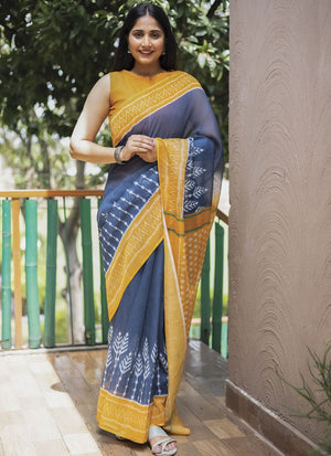 Blue Linen Digital Printed Saree