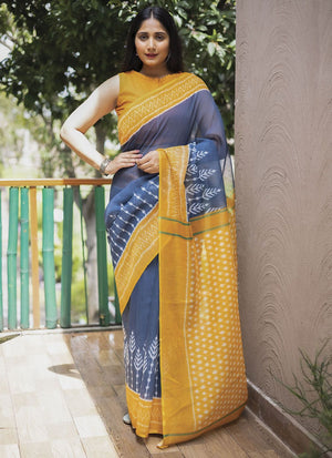 Blue Linen Digital Printed Saree