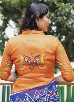 Blue Linen Digital Printed Saree