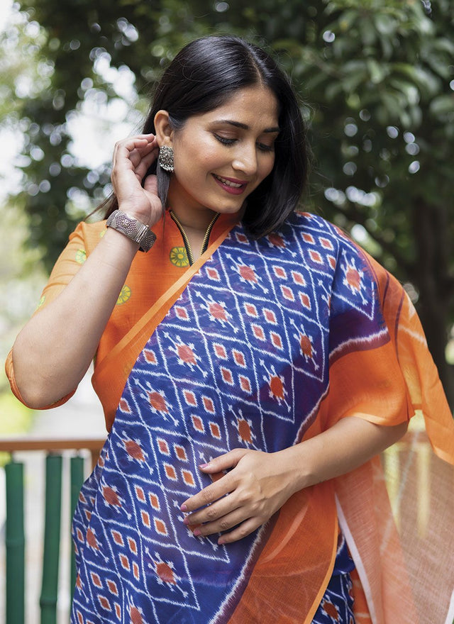 Blue Linen Digital Printed Saree