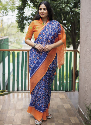 Blue Linen Digital Printed Saree