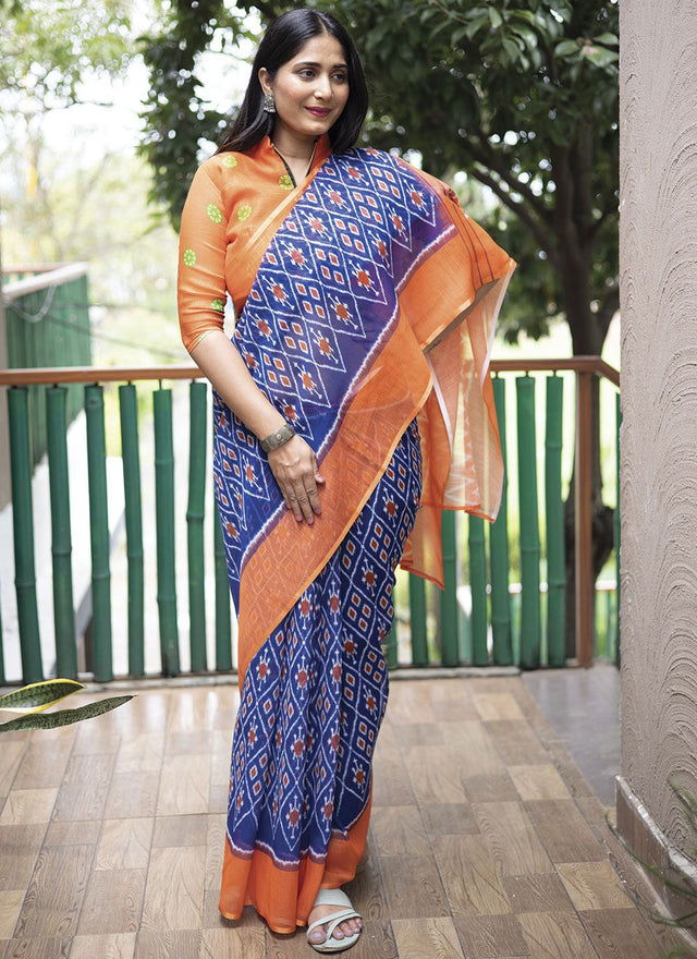 Blue Linen Digital Printed Saree