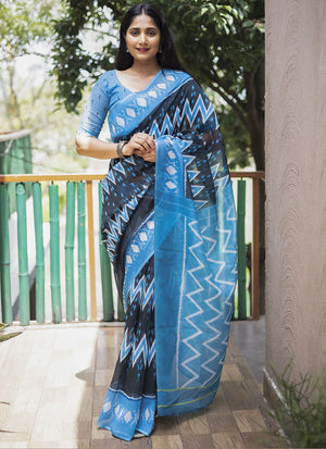 Blue Linen Digital Printed Saree