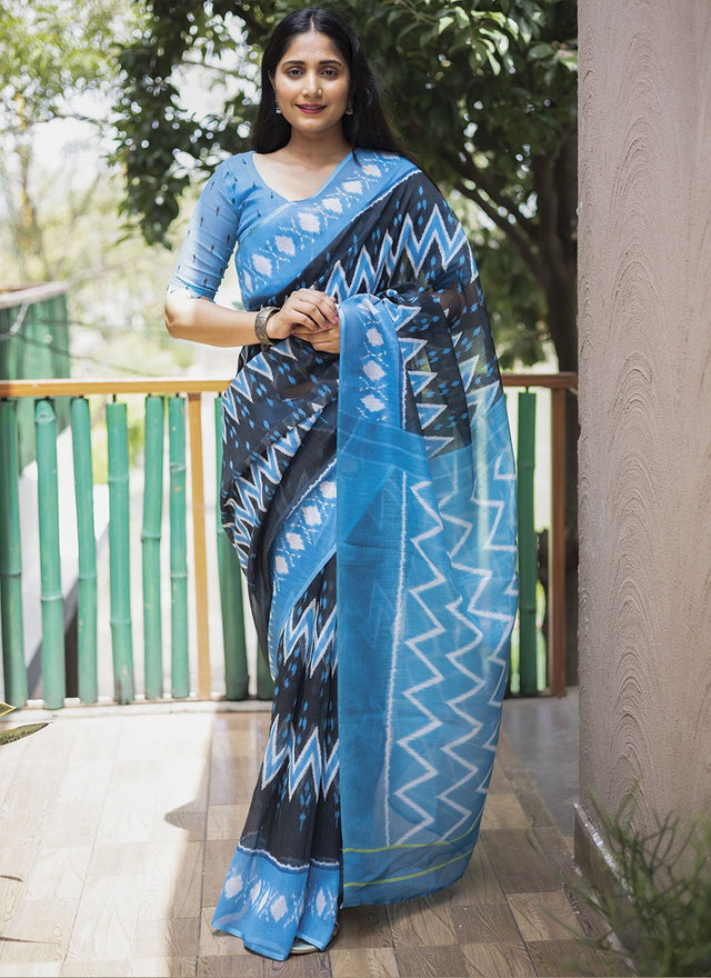 Blue Linen Digital Printed Saree