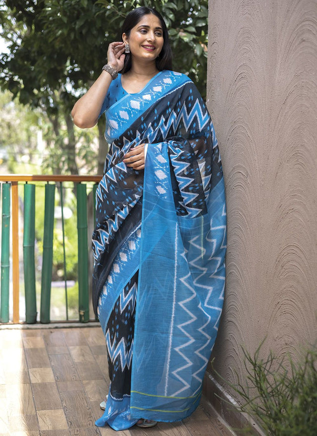 Blue Linen Digital Printed Saree