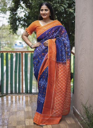 Blue Linen Digital Printed Saree