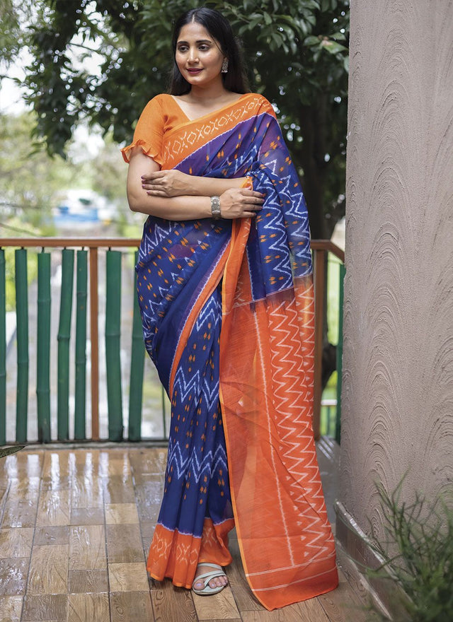 Blue Linen Digital Printed Saree