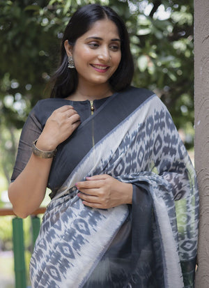 White Linen Digital Printed Saree