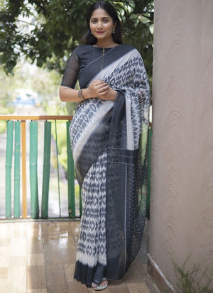 White Linen Digital Printed Saree