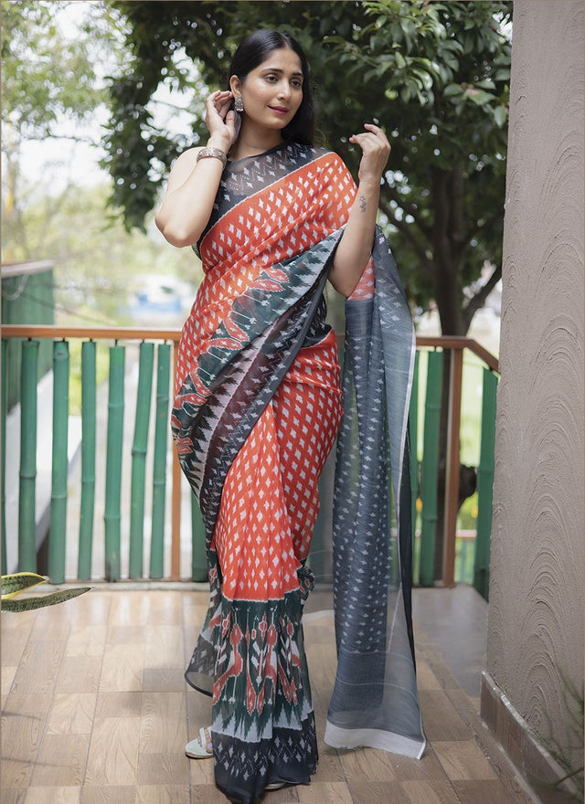 Peach Linen Digital Printed Saree