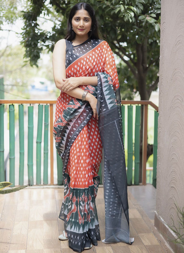 Peach Linen Digital Printed Saree