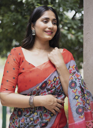 Grey Linen Digital Printed Saree