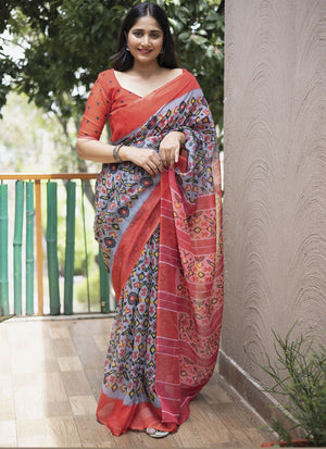 Grey Linen Digital Printed Saree